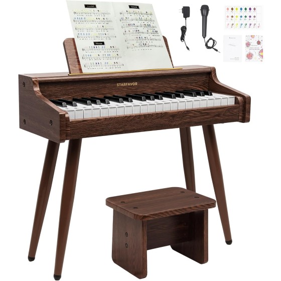 Starfavor 37-Key Kids Piano Keyboard with Volume Control, Mic, Rechargeable Wooden Digital Piano for Toddler & Beginner, Educational Musical Toy Birthday Gift for Girls & Boys 3+ (Walnut)