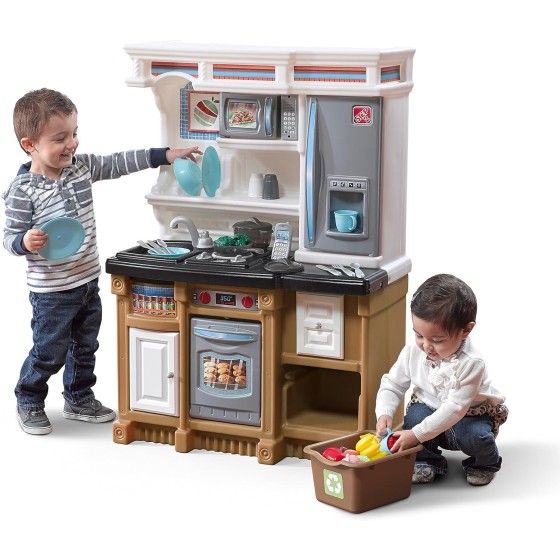 Step2 Lifestyle Custom Kids Kitchen Playset, Indoor/Outdoor Kitchenette, Interactive Play with Lights and Sounds, Made of Durable Plastic, 20 Piece Toy Accessories, Toddlers 2+ Years Old, Tan