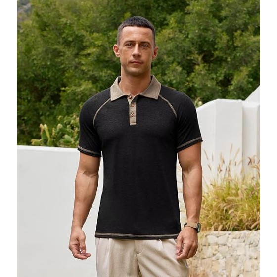 Lexiart Men's Casual Polo Shirt Short Sleeve Raglan Classic Button Golf Collared Tops Contrast Color