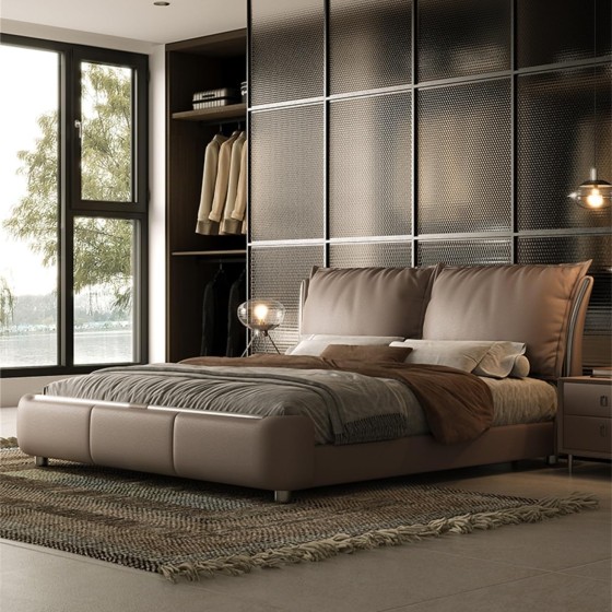 Luxury Upholstered Platform Bed with Latex Mattress – Silent Bed Frame with Triple-Layer Leather Headboard, Carbon Steel Frame & Solid Wood Support