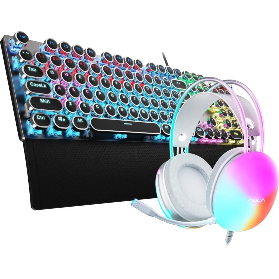AULA Typewriter Style Mechanical Keyboard and Gaming Headset Combo, RGB Rainbow Backlit, Wired Blue Switches, With Mic for PC