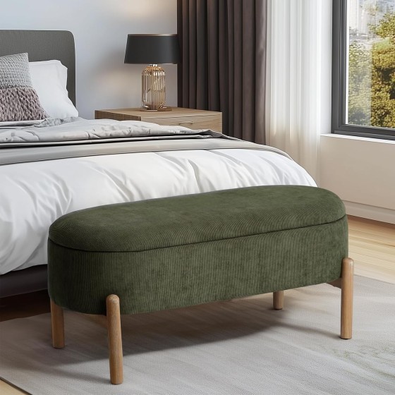 Storage Bench Ottoman Upholstered Corduroy Bench for Bedroom End of Bed Aesthetic Large Oval Storage Ottoman for Living Room Entryway