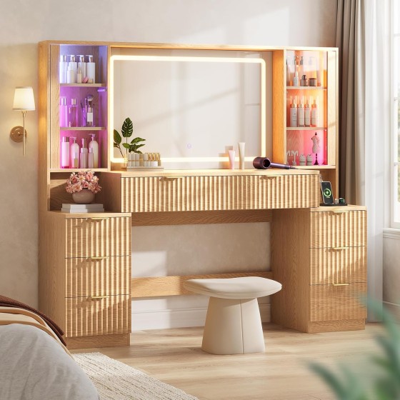 Big Vanity, 59.1" Fluted Wood Makeup Vanity Desk with Mirror and Sound Sync LED Lights, Large Vanity Dressing Table, 8 Drawers, 2 Glass Cabinets, with Charging Station for Girls, Women, Oak